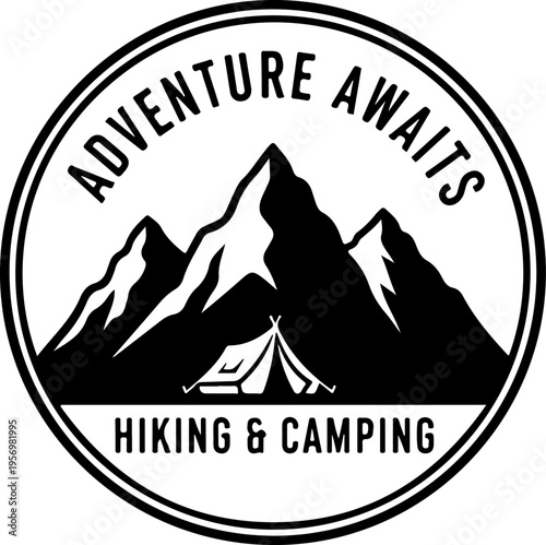 Vector illustration of mountain, tent and text 'Adventure Awaits Hiking & Camping'