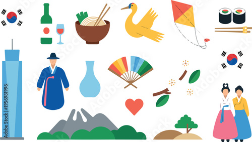 Colorful symbolic representation of South Korean culture featuring traditional ornamental symbols, inspired by heritage, harmony, and cultural decorative design vector illustration