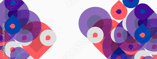 Abstract circles overlap, creating vibrant patterns. Purple, blue, pink hues dominate neutral background. Modern design element.