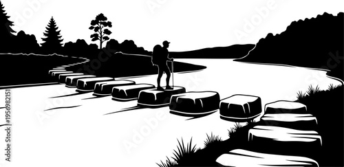 Black and white vector illustration of man stepping on stepping stones in river