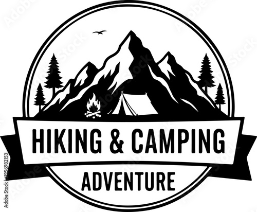 Black and white hiking camping adventure logo vector