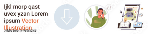 Digital learning, customer service, online training, downloading, communication tools, remote assistance. Illustrated download icon, a person on call and technology-driven study materials. Digital