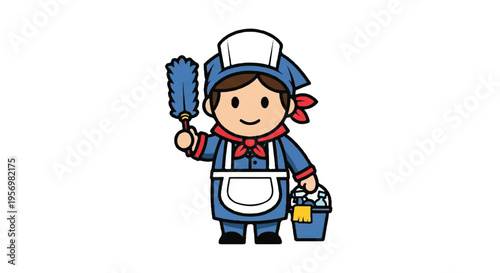 Cartoon cleaner holding duster and bucket with cleaning supplies on white background