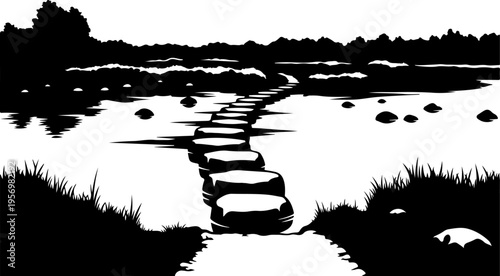 Black and white vector illustration of stepping stones in water landscape