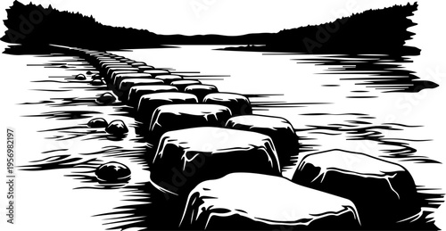 Black and white vector illustration of stepping stones in water