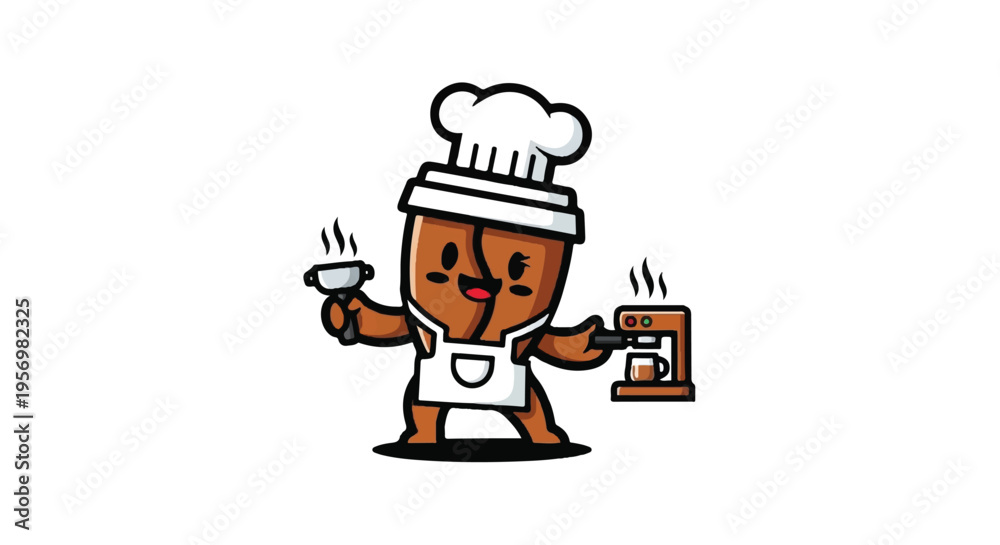 Fototapeta premium Cartoon coffee bean chef with utensils and appliance on white