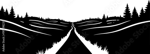 Vector road landscape silhouette, black and white illustration