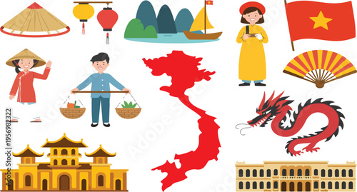 Travel to Vietnam infographic banner featuring cultural elements, landmarks, food, map, flag, Ho Chi Minh Mausoleum, Pho, and Saigon Cathedral cartoon illustration