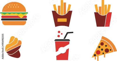 A vibrant collection of flat design fast food icons featuring a hamburger, french fries, soda, pizza, and fried chicken.
