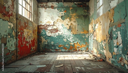 Abandoned Room with Peeling Paint and Sunlight.