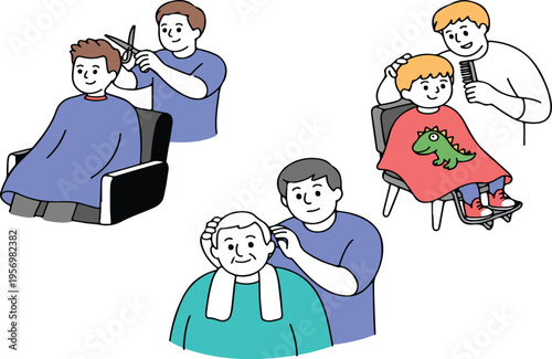 Cartoon illustration of people getting haircuts at a barbershop, showing hair care, grooming, and hairstyling services for all ages
