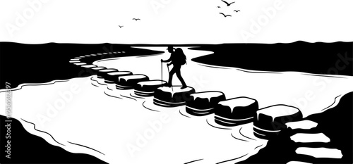 Black and white vector illustration of man hiking on stepping stones