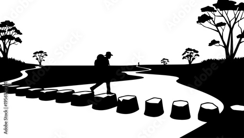 Vector illustration of man stepping on logs in a serene landscape