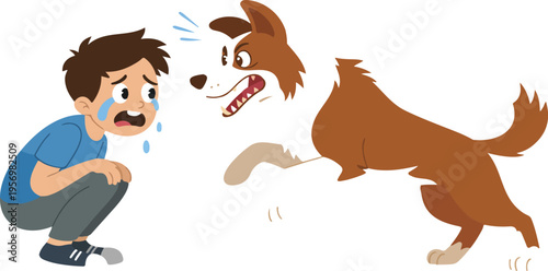 Illustration of a frightened boy reacting to a barking dog, conveying caution, fear, and intimidation in playful vector style
