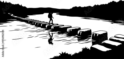 Black silhouette of person stepping on wooden stepping stones in water vector