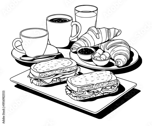 Detailed black and line art illustration of a cafe breakfast spread. Features sandwiches, croissants with jam, a latte with foam art, black coffee, and a glass of juice in a clean, minimalist vector s