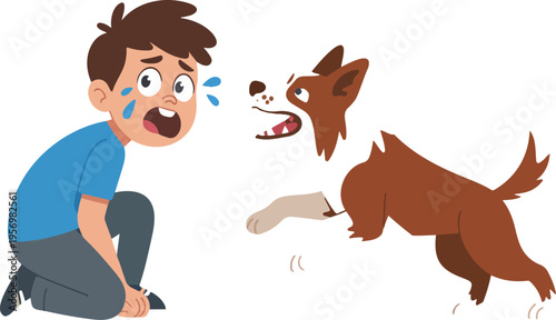 Illustration of a frightened boy reacting to a barking dog, conveying caution, fear, and intimidation in playful vector style