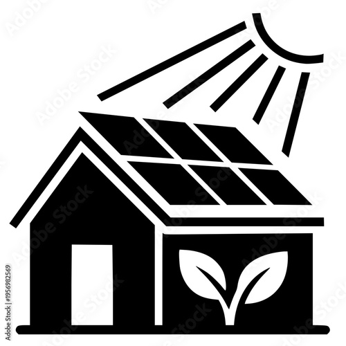 Minimalist black and vector icon of an eco-friendly house featuring solar panels on the roof and a leaf symbol. This clean silhouette illustrates renewable energy, sustainable living, and solar power 