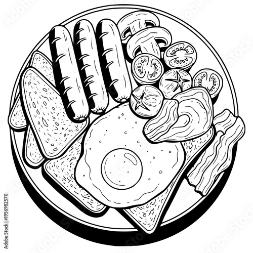 Top-down line art illustration of a full English breakfast on a plate. This detailed vector drawing features fried eggs, sausages, bacon, toast, mushrooms, and tomatoes in a clean, minimalist style.