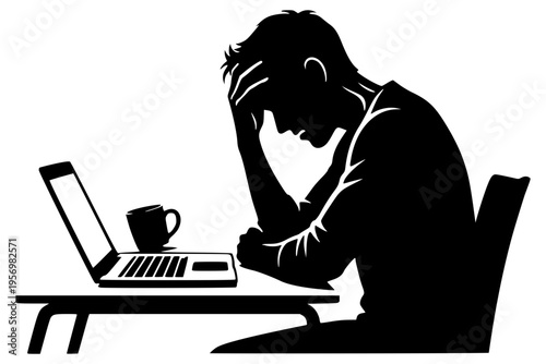 Silhouette of a stressed male developer or student sitting at a desk with a laptop and coffee, clutching his head in frustration. black and vector art depicting burnout, work pressure.