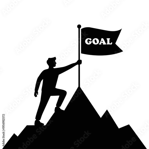 Minimalist black silhouette of a man climbing a mountain peak and holding a flag with the word GOAL. This vector illustration symbolizes achievement, success, motivation, and reaching career milestone