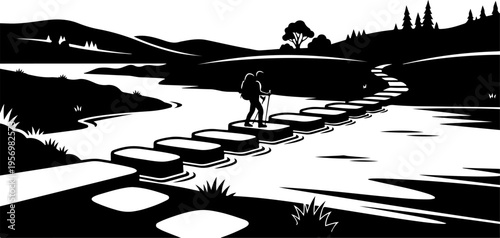 Black and white vector illustration of man walking on stepping stones