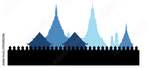 A layered blue silhouette of a Thai temple skyline featuring traditional pagodas and stupas behind a black decorative wall. vector art in seperate layer