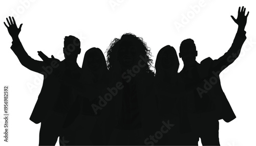 Silhouette of a diverse business team celebrating success with raised hands against a bright white.