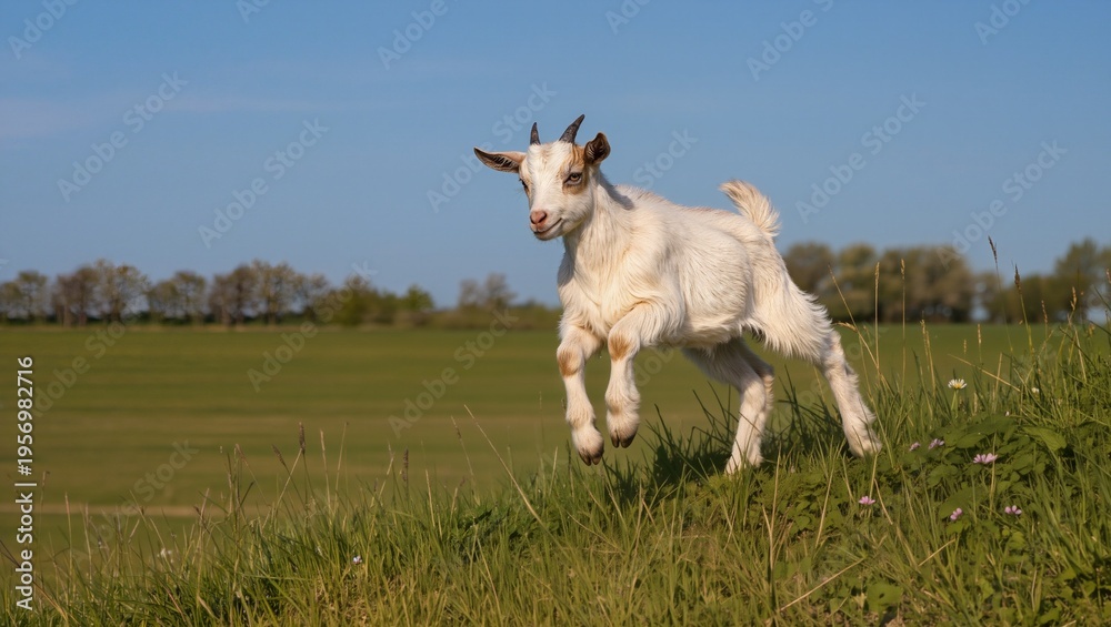 Fototapeta premium Young white goat with brown markings leaps joyfully across a grassy hillside under a clear blue sky, surrounded by a lush green landscape and distant trees