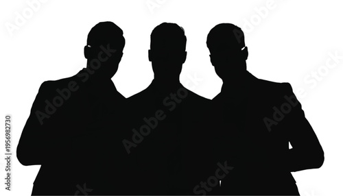 Three male executives stand closely together in a powerful dark silhouette, emphasizing strong alliance.