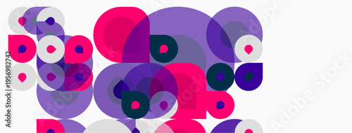 Abstract composition featuring overlapping circles. Various shades purple, pink, teal create dynamic visual texture. Simple shapes dominate design.
