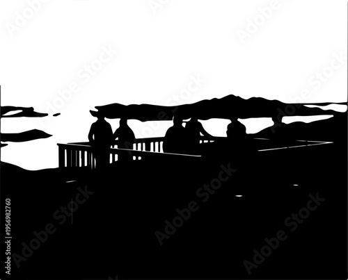 Vector silhouette of people on a pier at sunset