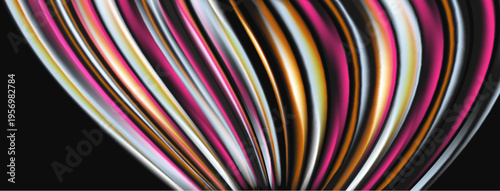 Abstract colorful ribbons curve, creating dynamic visual effect. Smooth gradients, bright hues dominate dark background. Modern design.