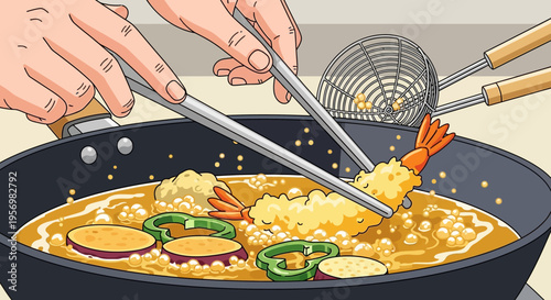 Chef Frying Crispy Shrimp and Vegetable Tempura in a Hot Pan with Oil, Japanese Cuisine Illustration