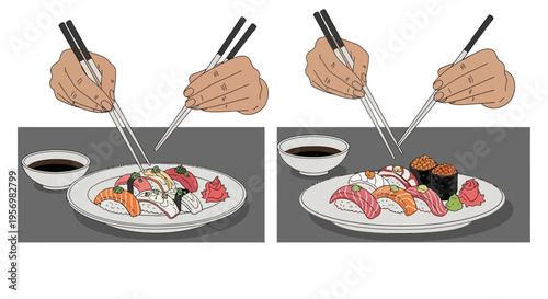 Instructions on how to hold chopsticks correctly for eating sushi illustration