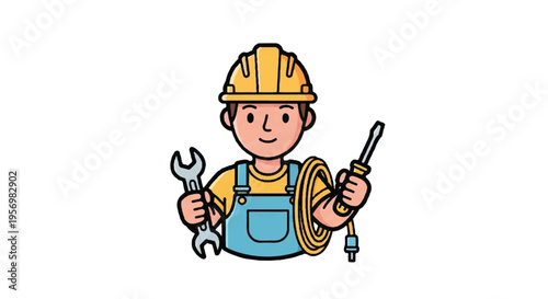 Cartoon construction worker holding tools isolated on white background