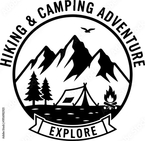 Vector hiking camping adventure logo with mountain tent and trees