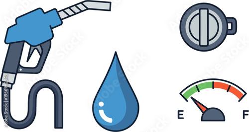 Automotive fuel system elements with pump nozzle, liquid drop, cap, and gauge.