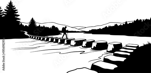Vector illustration of a person crossing stepping stones in a landscape