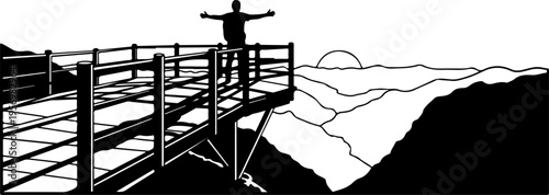 Vector illustration of a person standing on a pier at sunset
