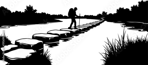 Vector illustration of man walking on stepping stones in black silhouette