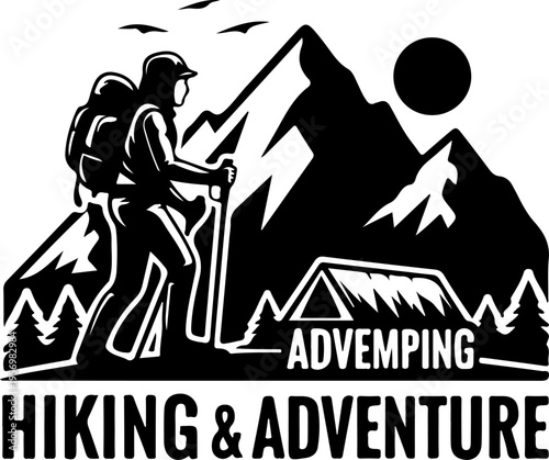 Vector hiking and adventure logo with mountain climber