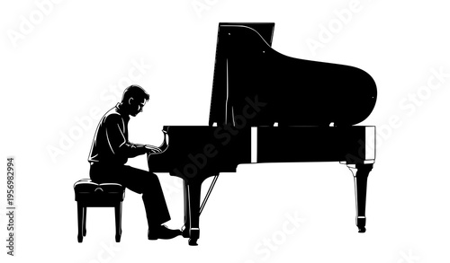 Man playing grand piano silhouette vector side view elegant music performance isolated on white background