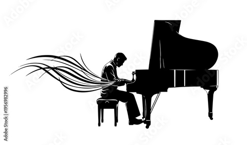 Expressive pianist silhouette playing grand piano vector dynamic music performance isolated on white background