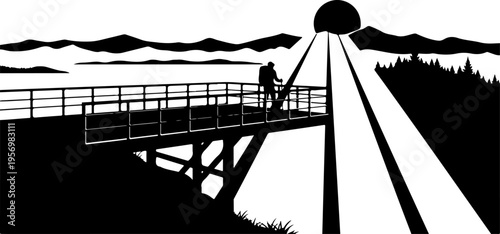 Vector silhouette of couple on bridge with mountain landscape