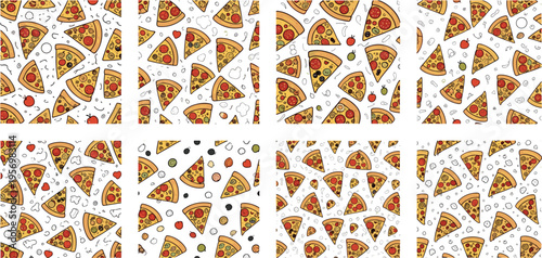 Seamless Pizza Pattern Collection Featuring Repeating Slices Ingredients and Hand Drawn Food Elements in Flat Cartoon Style for Backgrounds Wrapping Paper Textiles and Creative Design Projects