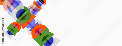 Abstract colorful letters form diagonal composition. Bright hues create dynamic visual impact. Minimalist design, clean background.