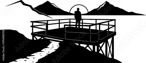 Black silhouette landscape vector, mountain scenery, sunset dock, outdoor scenery