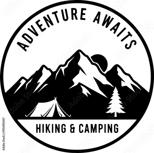 Adventure Awaits, Hiking Camping Logo, Outdoor Vector Icon, Black and White Mountain Emblem