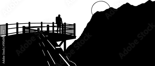 Silhouette of person on mountain boardwalk, sunset landscape, black and white vector, scenic hiking trail